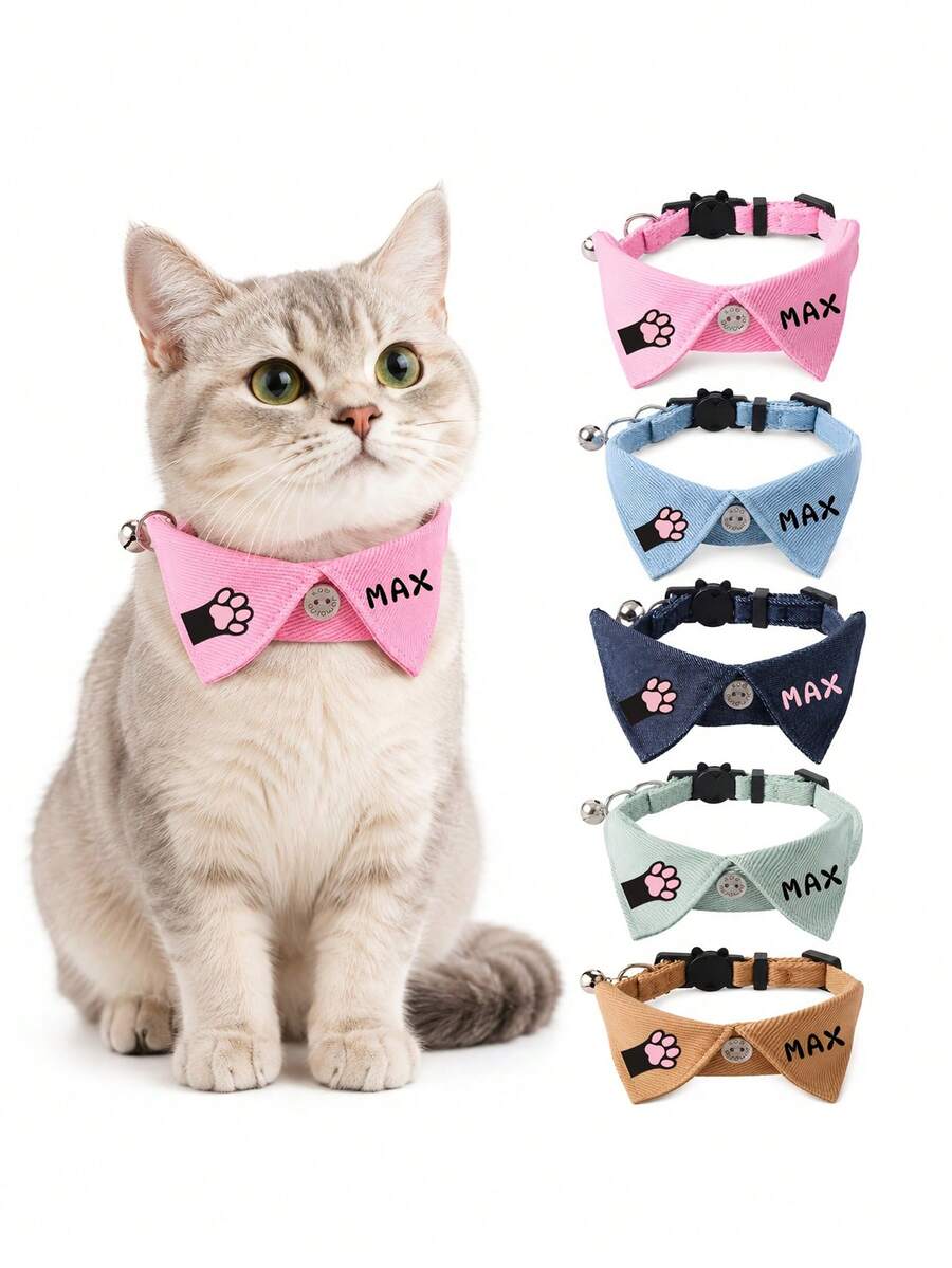 Personalized Cat Collar With Custom Name Paw Print Suitable For Daily Wear Photo Props,Bell Buckle,Lightweight Comfortable Bow Tie For Tags,Name Plate - Multicolor - View 1