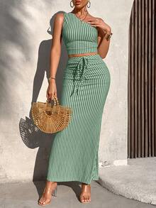 AIJ Women's Green Striped 2 Pieces Set, One-Shoulder Crop Top + Drawstring Ruched Fishtail Long Bodycon Skirt, Suitable For Beach Vacation, Dating, Outing, Party And Holiday Wear - Mint Green - View 6