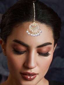 outingfit 1pc Vintage Bridal Forehead Chain Pearl Hair Chain Wedding Jewelry - Gold - View 1