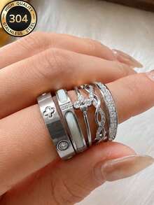 ZCNC Znice 304 Stainless Steel + Copper Stackable Ring Set, Women's, 5pcs Clover, Full Rhinestone And Enamel Heart Sparkling Rings, Hypoallergenic Minimalist Jewelry, Perfect Mother's Day Gift, Summer Vacation Accessory - Silver - View 4
