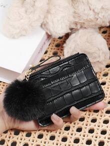 Minimally Designed Stone Patterned Card Bag, Zippered With A Pom Pom Charm, Credit Card Storage Bag, Women's Card Bag - Black - View 10