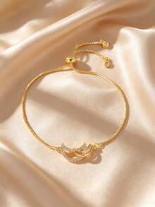 GEREIT 1pc 14k Gold Plated Copper Zirconia Moon Adjustable Pull Bracelet - Moon - View 1