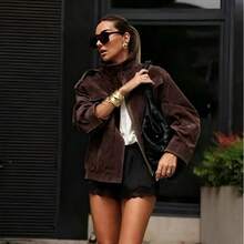 SS-Sunrise Fashion Women's Brown Flocked Fabric Long Sleeve High Neck Jacket With Zipper And Button Details, Regular Length, Autumn Essential - Coffee Brown - View 3