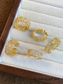5pcs Fashionable Glamorous Cubic Zirconia Heart Rings Set Suitable For Women Party Wear (No Gift Box) - Yellow Gold - View 3