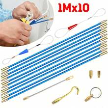 10pcs Fiberglass Running Electrical Wire Cable Kit, 1M Each, Including Push-Pull Cable Puller, Connectors For Electrical Access - Blue - View 1