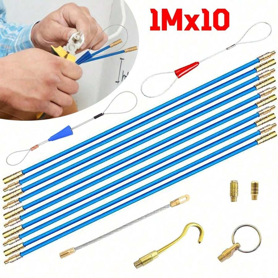 10pcs Fiberglass Running Electrical Wire Cable Kit, 1M Each, Including Push-Pull Cable Puller, Connectors For Electrical Access - Blue - View 1
