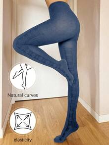 Celana Ketat Rajut Jacquard Motif Kepingan Salju Vertikal Warna Biru Tua, Legging Slim Fit Harian Wanita Musim Gugur/Dingin - MultiWarna - View 3
