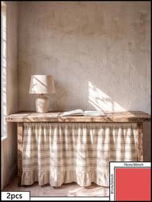 1/2pcs Beige Light Brown Horizontal Striped Table Skirt, Rustic Country Style Fabric Material, Rectangular Top With Pleated Details And Bottom Ruffle Hem, Concealment And Decorative Function, Suitable For Entryway Console Table Cover And Natural Rustic Home Decor - milk coffee color - View 14