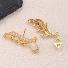 Autumn 2pcs 925 Silver Plated Unique Personalized Elegant Sparkling Rhinestone Feather Shape Water Drop Ear Climber Ear Stud Earrings - Multicolor - View 10