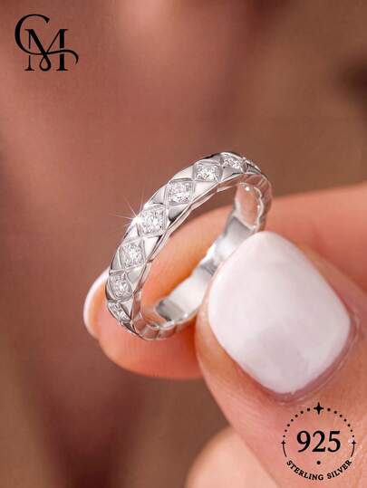 1pc 925 Sterling Silver Minimalist Diamond Pattern Ring, Elegant Jewelry Gift For Women
