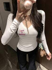 Y2K T-Shirt, Star & Letter Print, Sweet Fitted Shoulder Long Sleeve, Suitable For Autumn Campus Style Casual - White - View 6