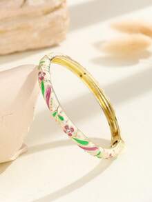 1pc Fashion New Style Gold Plated Exquisite Floral Enamel Cloisonne Bangle Hinged Cuff Rhinestone Jewelry Gift For Women - Hot Pink - View 3