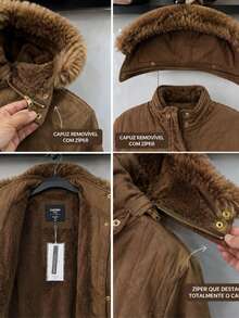 Casaco Parka de Sarja Plus Size Pelúcia Com Capuz Removível E ajuste Na Cintura E Bolsos  Casual    Jeans    Botão  Zíper    casaco feminina  Noite  Diário    inverno - Marrom Claro - Visão 6