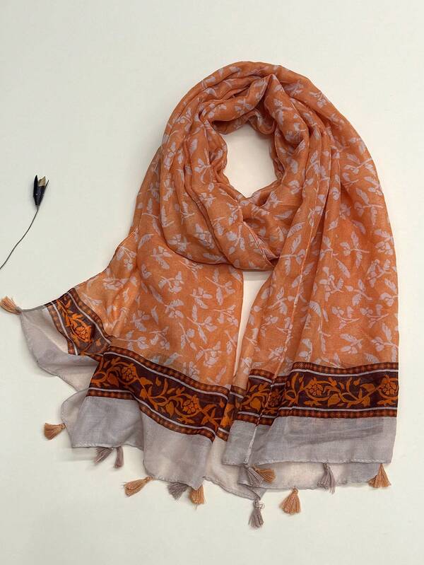 1pc All Season New Women's Linen Tassel Print Scarf, Sun Protection Air Conditioning Shawl, Suitable For Beach Vacation, Fashion Silk Scarf For Women