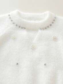 2pcs Set 1pc Girls Elegant Solid Color Beaded & Rhinestone Round Neck Raglan Sleeve Knit Pullover Sweater And 1pc Girls Solid Color Knit Long Pants, Suitable For School, Daily Casual, Spring, Autumn, Winter - White - View 3