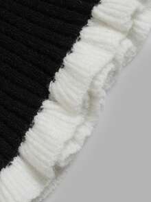 Nicenter Sweater Rajut Bergaris Lengan Panjang Leher Bulat Wanita dengan Manset Mengembang Kontras, Atasan Rajut Campuran Wol, Pakaian Musim Gugur Elegan Warna Hitam, Pakaian Musim Dingin untuk Sehari-hari - Hitam - View 4