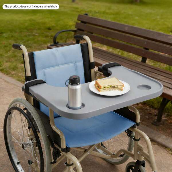 Grey ABS Cup Holder Wheelchair Table Board With Raised Edges Hook And Loop Tapes For Wheelchairs, Chairs, And Commode Chairs