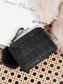 Minimally Designed Stone Patterned Card Bag, Zippered With A Pom Pom Charm, Credit Card Storage Bag, Women's Card Bag - Black - View 11