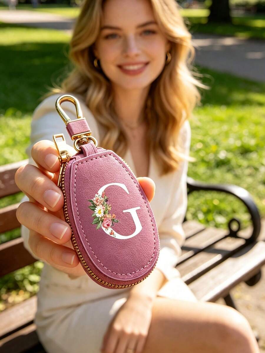 Multifunctional Key Case, Decorated With Fashionable Pink Floral And White Letter A-Z Pattern, Pink Keychain. Zipper Keychain, Floral Pattern Design, Zipper Storage Bag, Car Key Organizer, Car Key Chain, Compact Portable Key Bag With Minimalist Design, Travel Accessory, Elegant Ornament, Suitable For Home, Office, Travel, Car, Men And Women, Perfect Gift For Friends, Family, Couples, Anniversary, Birthday, Wedding, Graduation, And Teacher's Day - Multicolor - View 1