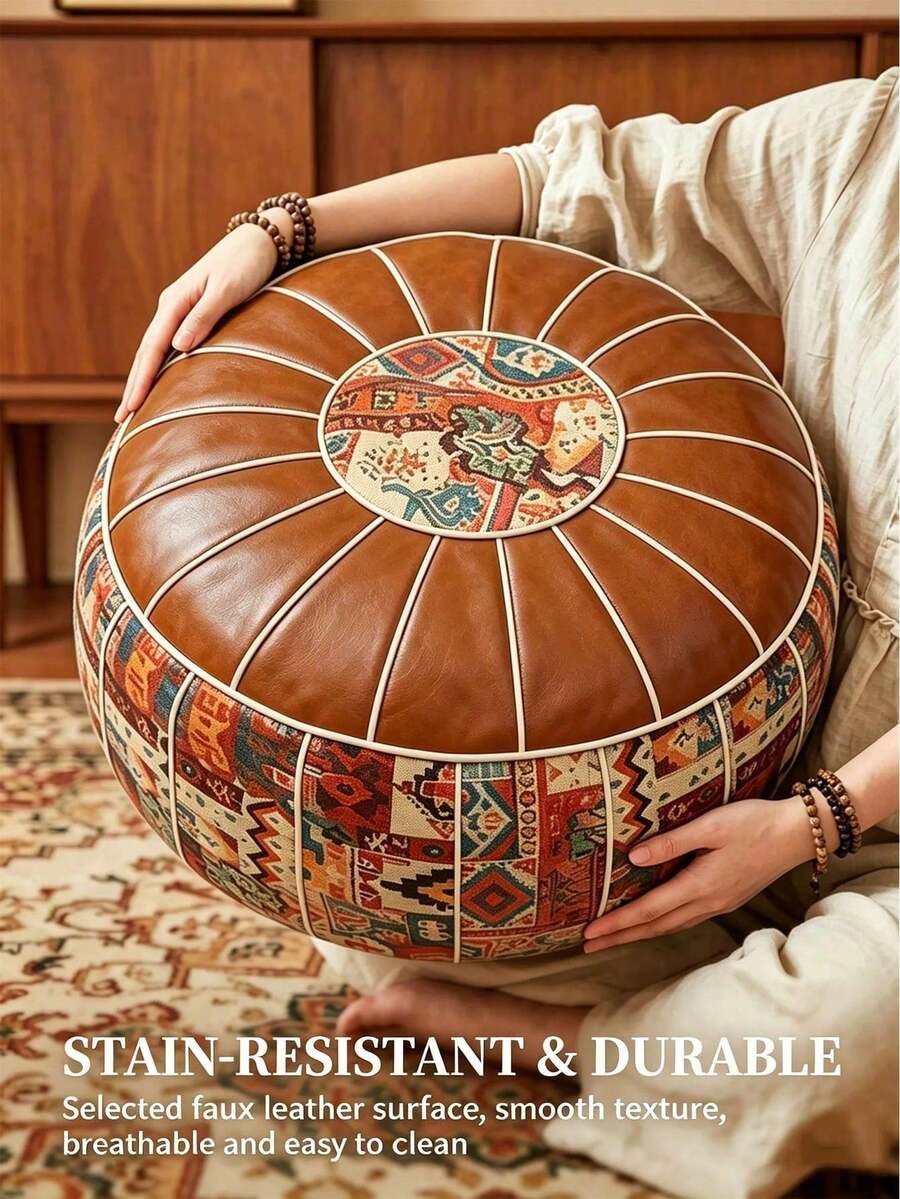 Bohemian Style Round Storage Ottoman (Without Filling), Soft Hidden Clothing And Toy Storage, Waterproof PU Leather, Suitable For Living Room, Bedroom And Entryway, Single Piece For Daily Use, 2-Piece Set For Whole House, Decorative And Holiday Gift, Single Piece/2-Piece Gift Box Optional