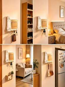1pc Self-Adhesive Remote Control Holder With Key Hook, Cute Wall-Mounted Storage Box Next To Light Switch, Suitable For Home Organization - White - View 2