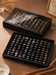 1pc Jewelry Display Paper Box 100-Slot Ring Box Dust-Proof Transparent With Lid Storage Box - Multicolor - View 1
