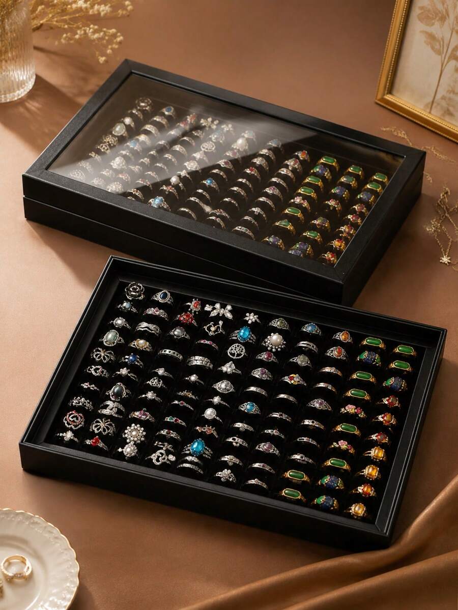 1pc Jewelry Display Paper Box 100-Slot Ring Box Dust-Proof Transparent With Lid Storage Box - Multicolor - View 1