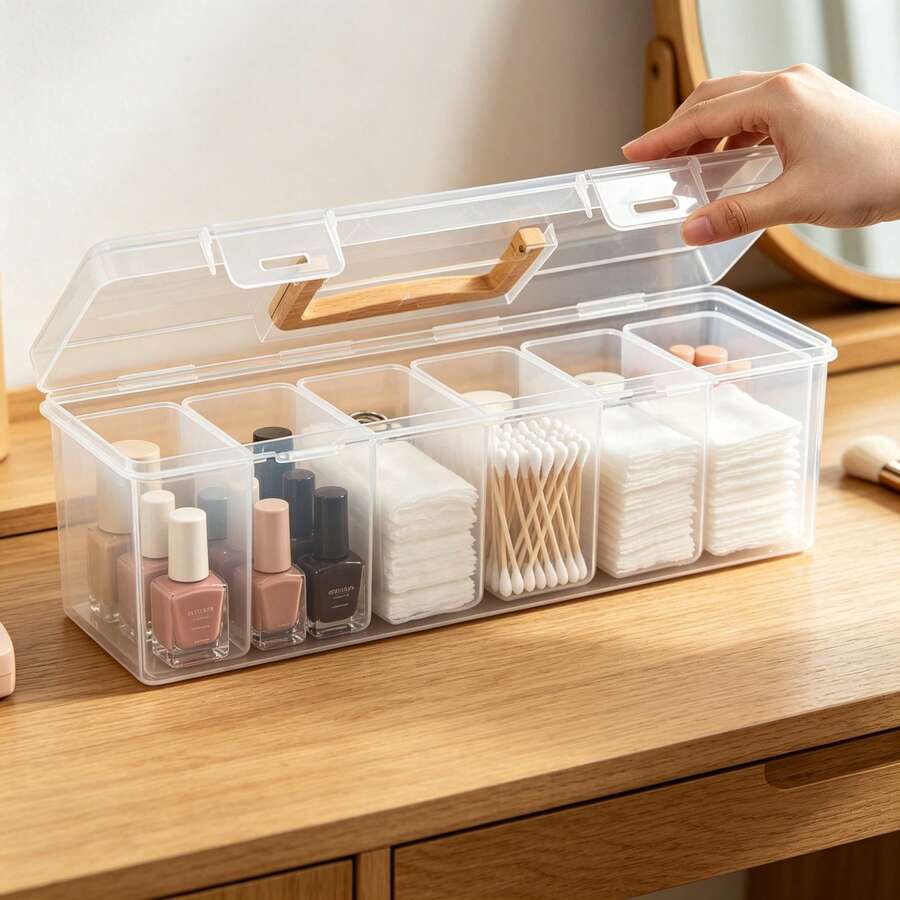 7pcs Large Capacity Transparent Plastic Storage Boxes, Waterproof Portable Storage With Handles, For Cotton Swabs, Cotton Pads, Makeup Remover Storage, Desktop Makeup Storage Box, Room Decor - Multicolor - View 1