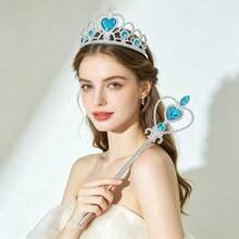 2pcs/Set Blue Heart Rhinestone Crown And Snowflake Magic Wand Set, Princess Style Accessories,Halloween - Blue - View 8