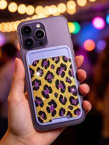 Leopard Print Shiny Diamond Phone Back Card Holder,Phone Back Wallet Pocket,Multifunctional Document Holder,Slim Portable Card Holder,For Couples - Multicolor - View 1