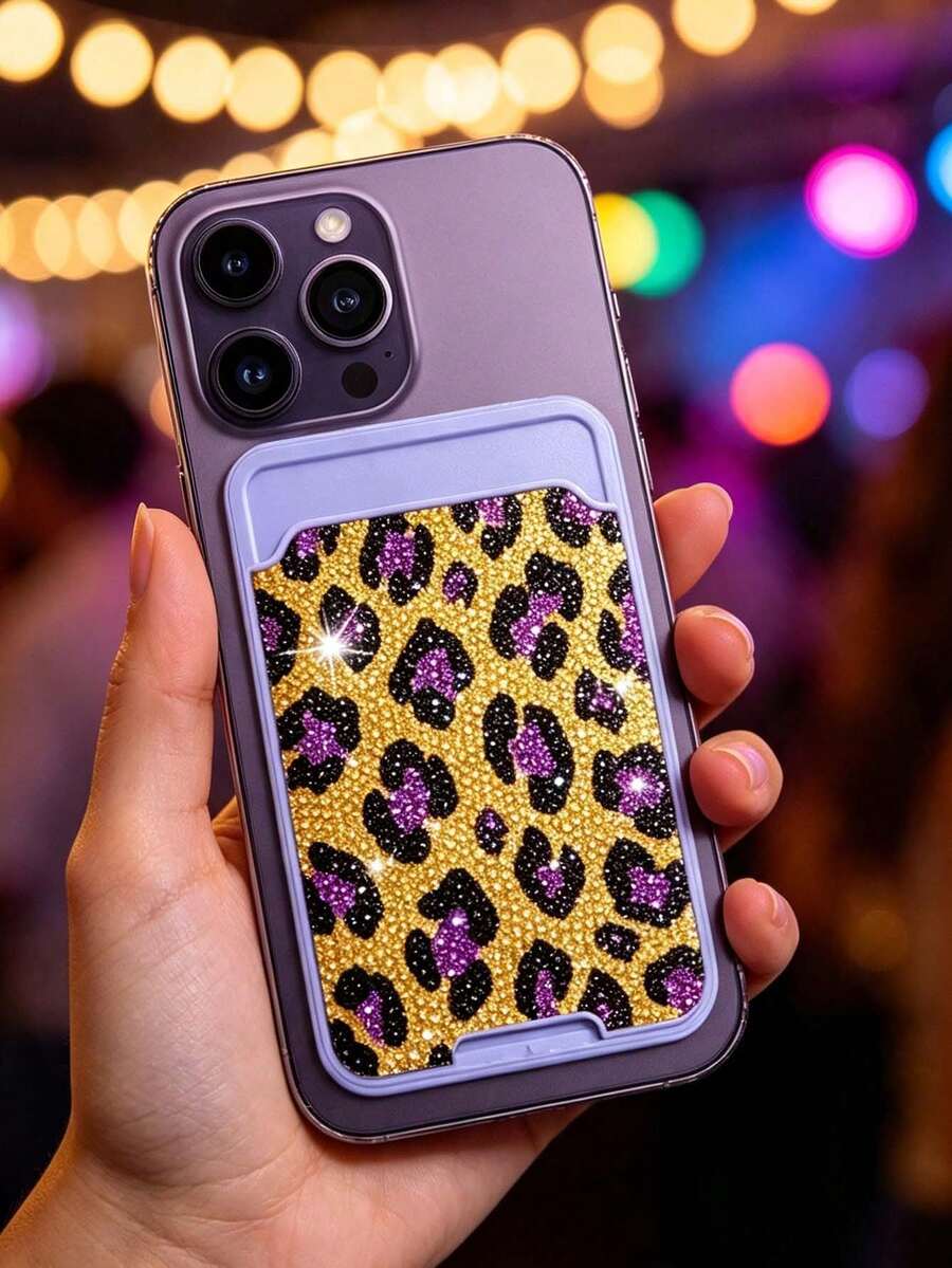 Leopard Print Shiny Diamond Phone Back Card Holder,Phone Back Wallet Pocket,Multifunctional Document Holder,Slim Portable Card Holder,For Couples - Multicolor - View 1