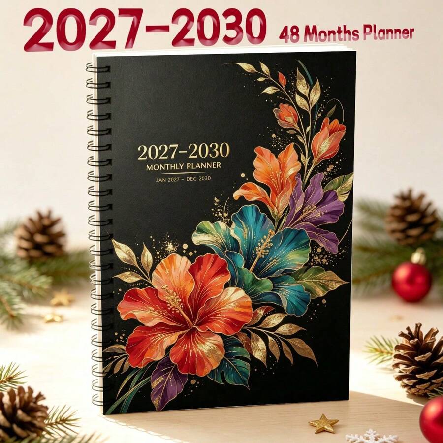 1PC A5 Monthly Planner 2027-2030 Geometric Floral Pattern Cover, 48-Month Spiral Bound Calendar Notebook, Twin-Wire Premium Paper, Weekly & Monthly Schedule Organizer For Student Office School Home - A5 - View 1