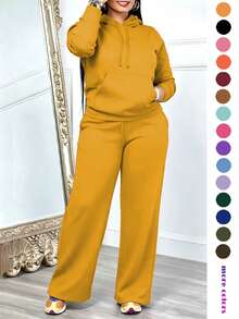 Women's Casual 2-Piece Set Solid Color Elegant Long Sleeve Hooded Drawstring Pocket Sweatshirt & Straight Leg Pants Set, Lightweight And Soft Yellow - Yellow - View 4