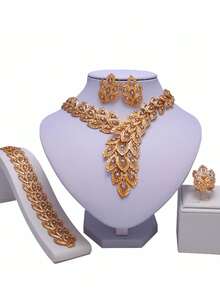 Make You Shine At Every Big Event! 4Pcs Gold Tone Filigree Leaf Rhinestone Jewelry Set Luxury Crystal Jewelry Set For Banquet Party Wear Confidence - Gold - View 2