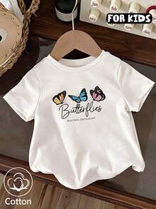 Soft And Comfortable Young Girls Short-Sleeve T-Shirt, Butterfly And Letter Print, Crew Neck Casual Style, Suitable For Daily Wear, Butterfly Pattern Print - White - View 11