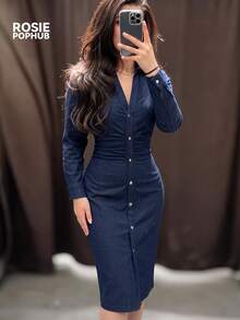 ROSIE POPHUB Women Blue V Neck Long Sleeve Faux Denim Elegant Midi Dress Ruched Waist Slim Fit Work Daily Going-Out Shirt Dress For Fall & Winter - Blue - View 2