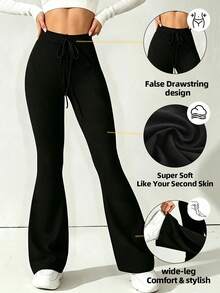 Celana Panjang Wanita Model Bell Bottom dengan Tali Serut, Gaya Kasual Ketat, Kaki Panjang, Cocok untuk Semua Musim, Potongan Longgar untuk Pakaian Kantor - Hitam - View 4