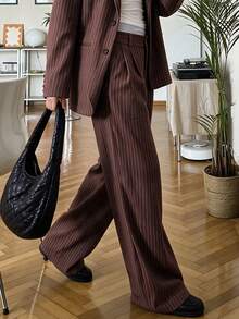 Fall/Winter Striped Women's Formal Pants, Elastic Waist, Slimming Loose Wide Leg - Brown - View 4