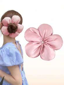 1pc/Set Large Satin Flower Scrunchie, Silk Flower Hair Tie, Korean Style Oversized Flower Hair Accessory, Elegant Cute Sponge Flower Scrunchie, Extra Large Hair Tie For Bun, Suitable For Thick Curly Hair - Multicolor - View 14