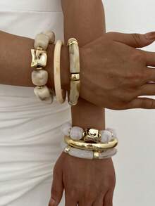 3pcs Vintage Exaggerated Glamorous ABS Resin Gold Bangle And Beige Elastic Bracelet Set Suitable For Women Daily Wear, Party, Date, Wedding, Festival, Gift - Multicolor - View 4
