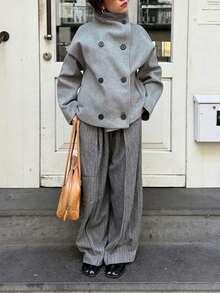 Women's Grey Woven Fabric Loose Coat, Stand Collar & Dropped Shoulder Design, Button Detail, Long Sleeve, Regular Fit, Suitable For Winter Daily Wear - Grey - View 4