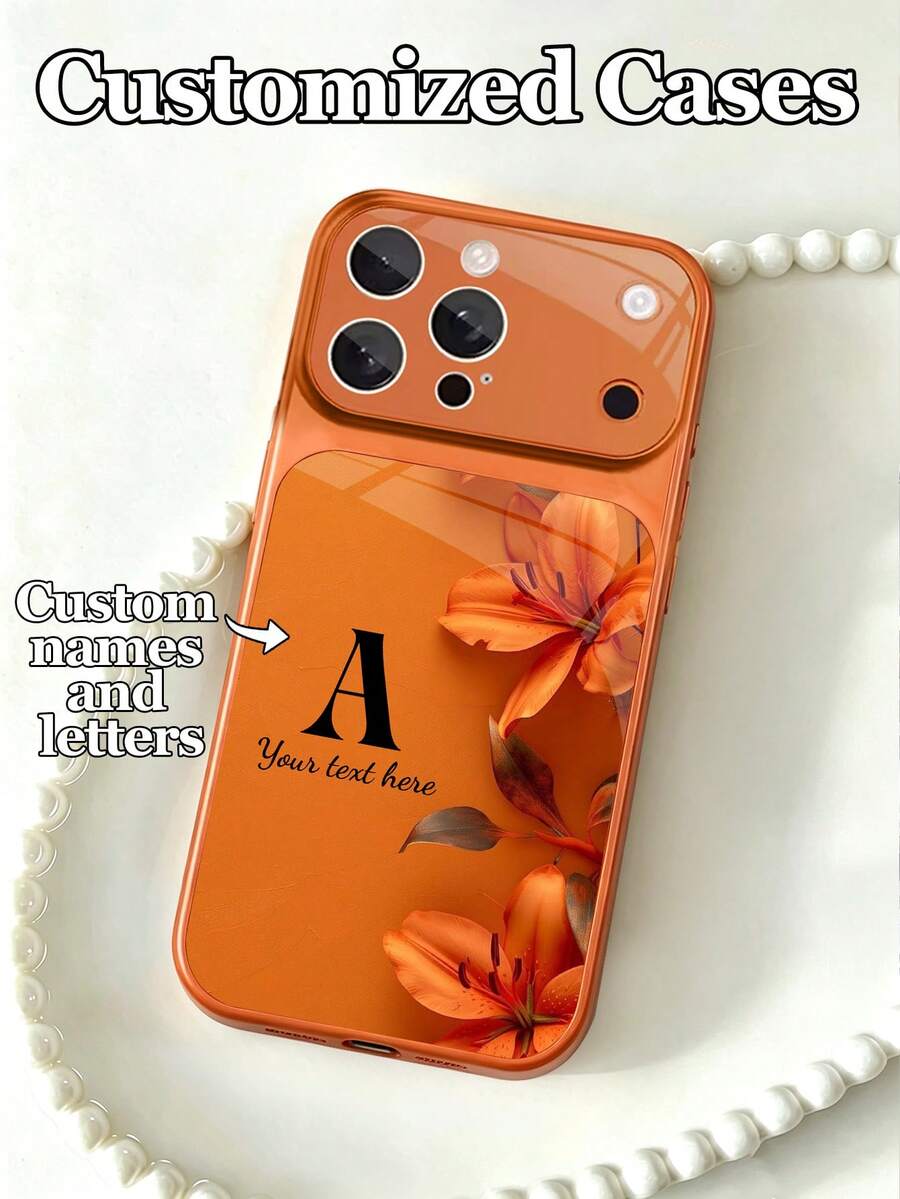 1 buah Casing Ponsel Kaca Tempered dengan Desain Teks & Huruf yang Dapat Disesuaikan dan Motif Bunga Lili Oranye, Cocok untuk iPhone 17 Pro Max/17 Air/15/16 Pro/14 Plus/13 Pro/12 Pro Max/11, Pelindung Kamera Kaca Tempered, Penutup Belakang Kaca Tempered, Casing Pelindung Ponsel dengan Jendela Besar, Hadiah Terbaik untuk Teman dan Keluarga - Jeruk - View 1