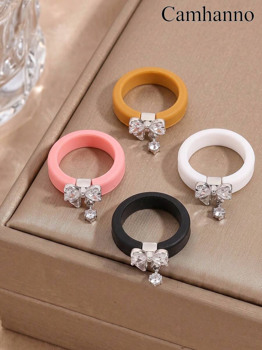 1 buah Cincin Silikon Lembut Warna Kuning Mustard dengan Aksesori Zirkonia Gantung Simpul Pita, Ramah Kulit dan Tahan Aus, Cincin Serbaguna untuk Suasana Sehari-hari - Perak - View 1