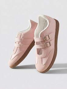 Giày sneaker đế bệt TCVC phối màu khối hai quai, giày Mary Jane tập luyện kiểu Đức retro, giày đi bộ thường ngày nữ - Hồng - Xem 11