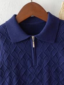 Boys' College Style Argyle Pattern Polo Collar Half-Zip Long Sleeve Knit Sweater Pullover, Casual Versatile For Daily Wear, School, Spring, Autumn, Winter - Navy Blue - View 3