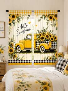 2pcs Beige American Country Style Printed Curtains, Vintage Yellow Pickup Truck Loaded With Sunflowers, Black White Yellow Plaid Trim, Hello Sunshine Heart Pattern, Pastoral Healing Living Room Bedroom Soft Light Semi-Sheer Curtains - Multicolor - View 6