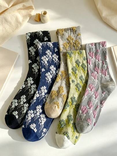 5 Pairs Women's Vintage Floral Mid-Calf Socks, Korean Court Style Embossed Floral Socks, Combining And Fashion Campus Style, Suitable For All Seasons, Outings, Dates, Daily Home Wear