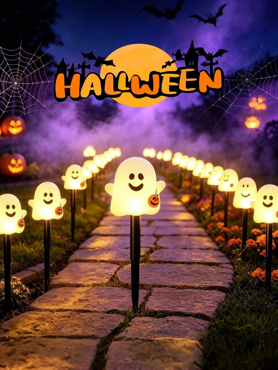Halloween Ghost Solar Powered Lawn Light, Outdoor Waterproof Cute Ghost Garden Decor Light, Suitable For Halloween Party Outdoor Garden, Yard, Fence, Steps And Patio - Ghost - View 1