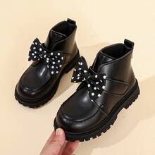 1 Pair Girls' Ankle Boots, Cute Polka Dot Bow Decor, Scalloped Edge Stitching, Hook And Loop Strap, Thick Textured Sole, Children's Boots, Suitable For Autumn/Winter, Daily, School, Party, Holiday Performance - Black - View 2