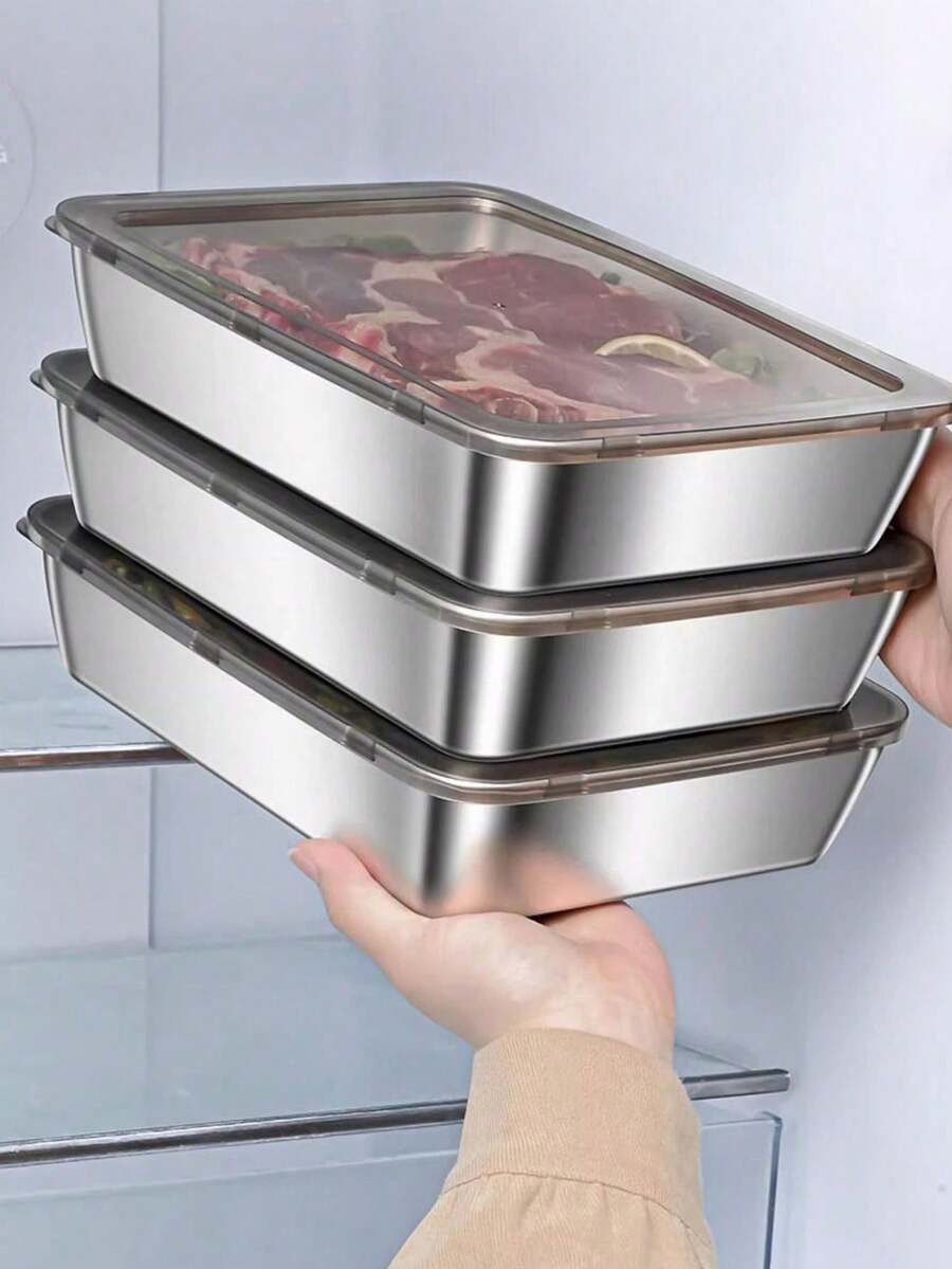 3pcs Stainless Steel Airtight Food Storage Containers With Lids, Leak-Proof Stackable Metal Lunch Boxes, Refrigerator & Freezer Food Storage Containers, Suitable For Kitchen & Picnic